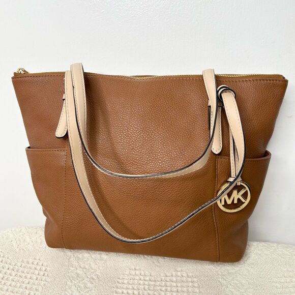 Michael Kors Jet Set Large Pebble Leather Top-Zip Tote Bag Tan - Picture 1 of 11